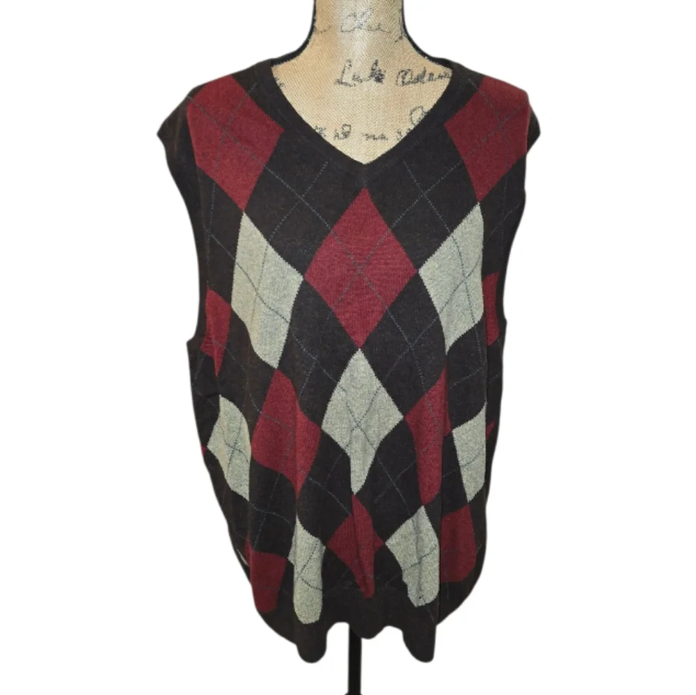 J. Crew Argyle‎ V-Neck Sweater Vest Brown and Red Cashmere Blend Size XL